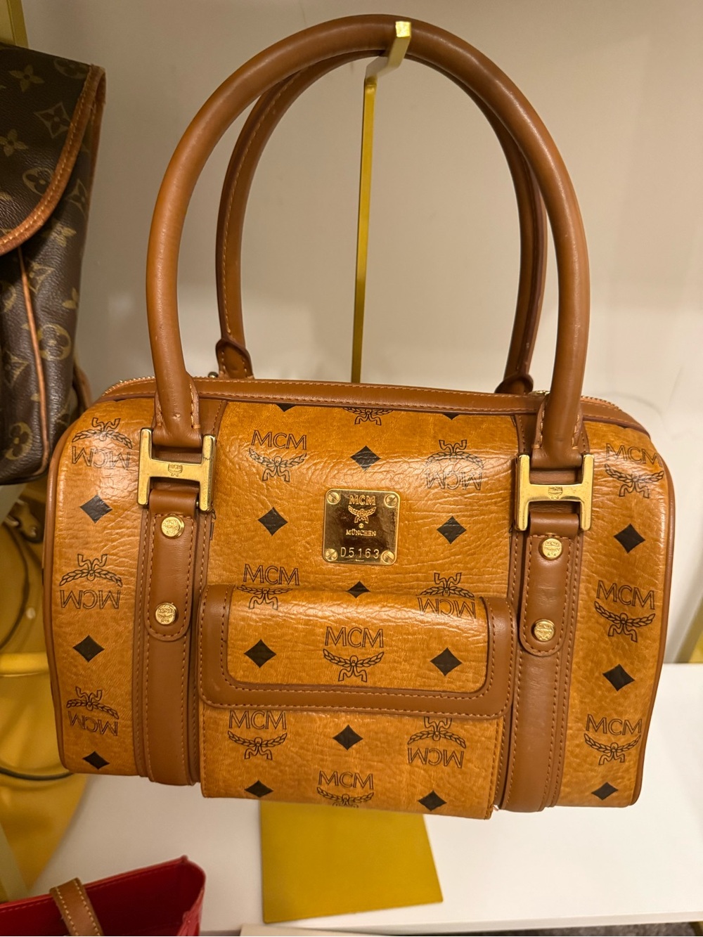 MCM Cognac Visetos Top-Handle Satchel with Gold Hardware